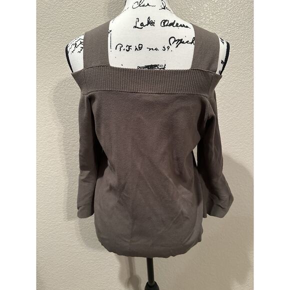 I-N-C Womens Cold Shoulder Bell 3/4 Sleeves Knit Olive Green Top Sz L - Picture 4 of 5